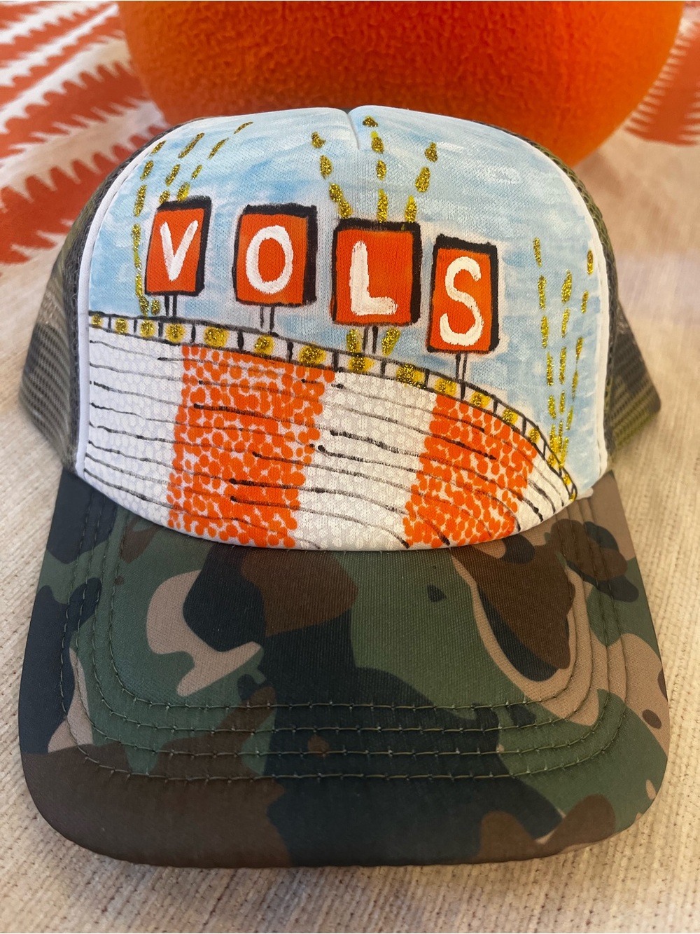 Hand Painted Tennessee VOLS Trucker Hat - Camouflage and Orange